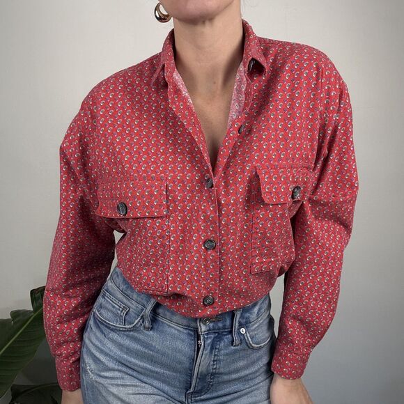 Vintage 80s 90s Red Paisley Print Button Up | Western Cowboy Shirt - Picture 11 of 12